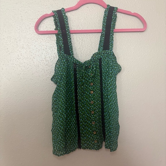 Anthropologie Bardot Blouse Boho Print Crochet Button Front Sleeveless Swing Top - Picture 2 of 8